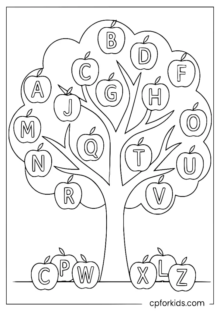 Apple tree with letters on fruit, alphabet learning coloring page printable