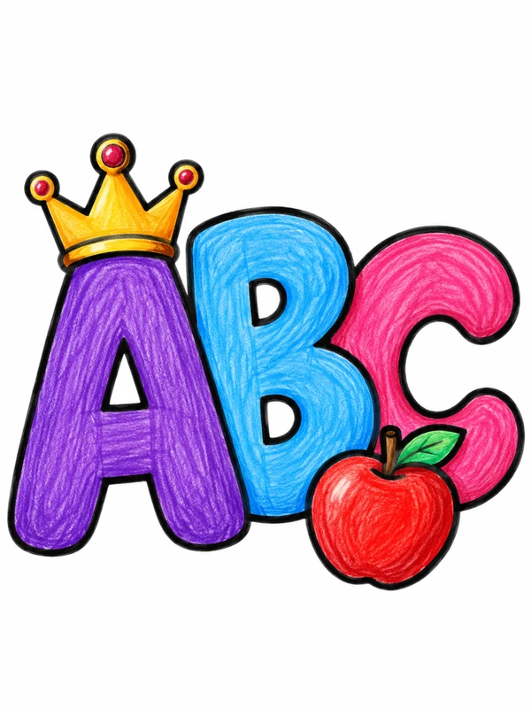 Purple blue and pink letters ABC with a crown