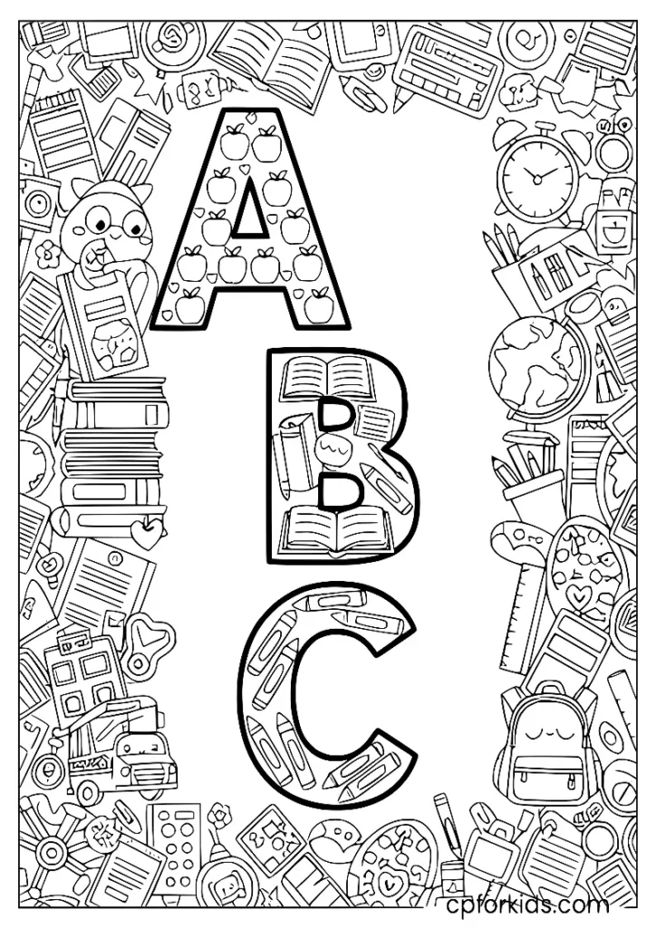 Large ABC letters with school icons coloring sheet