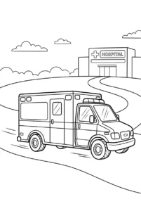 An ambulance driving toward a hospital