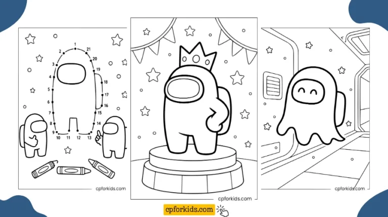 Three Among Us coloring pages with dot to dot crewmate, crown crewmate, and smiling ghost in a spaceship