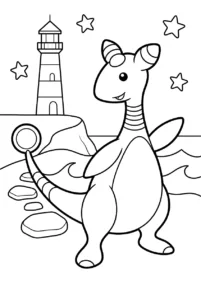 Ampharos beside a lighthouse with its bright tail orb raised