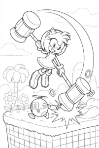 Amy Rose jumping into action with her large hammer