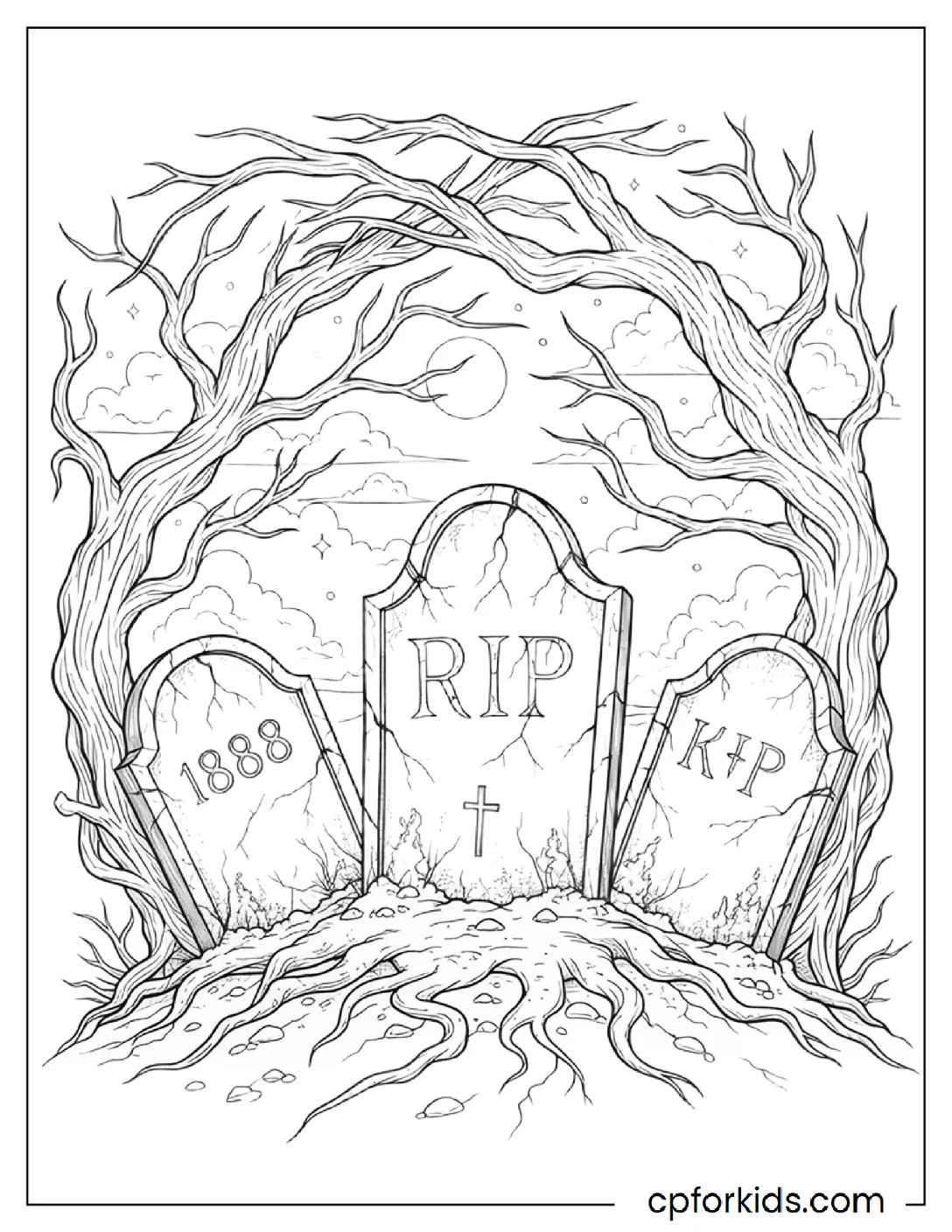Tombstones among twisting dead trees
