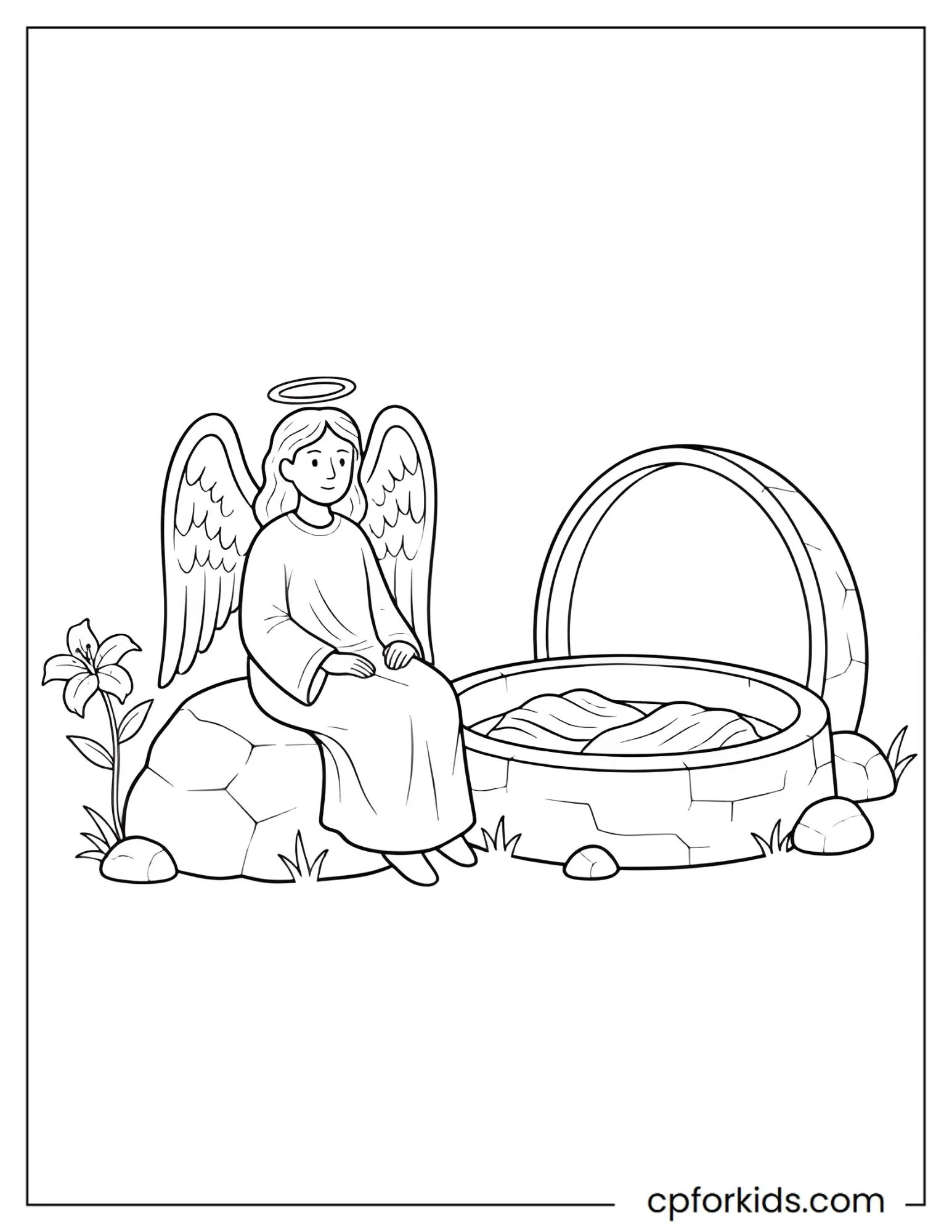 Angel standing beside the open empty tomb