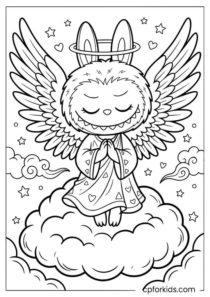 Angel Labubu with wings and a halo floating on a cloud coloring page for kids