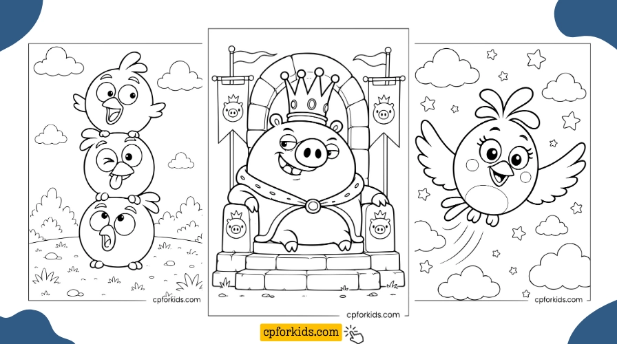 Free Angry Birds coloring pages with Blue birds stack, King Pig on throne, and Stella flying