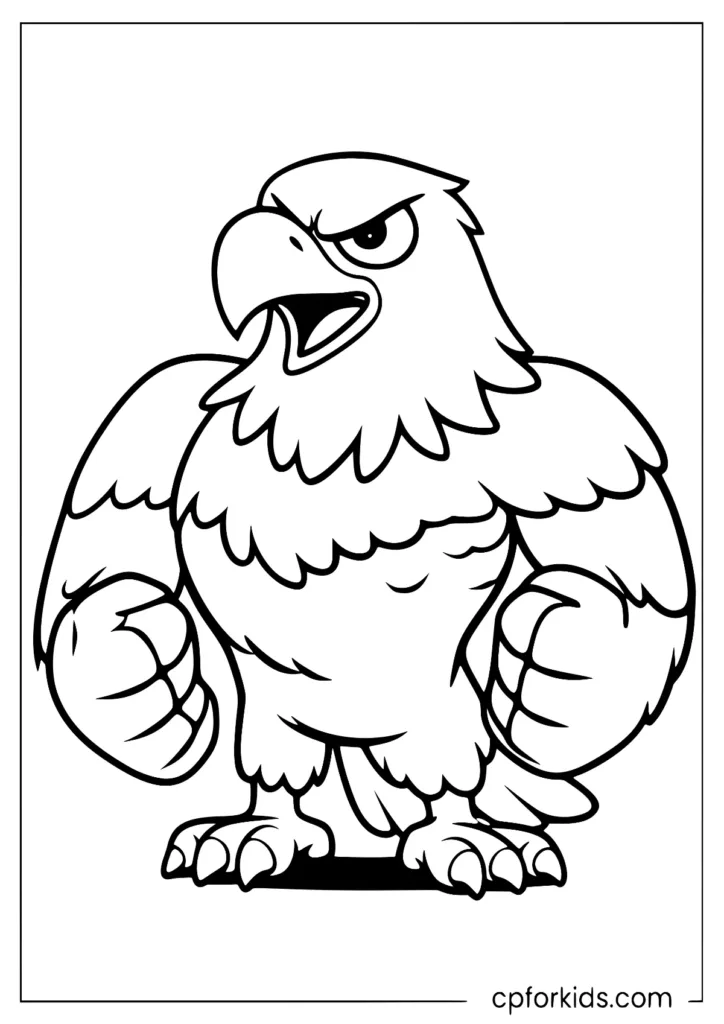 Cartoon mighty eagle character coloring page with simple lines.