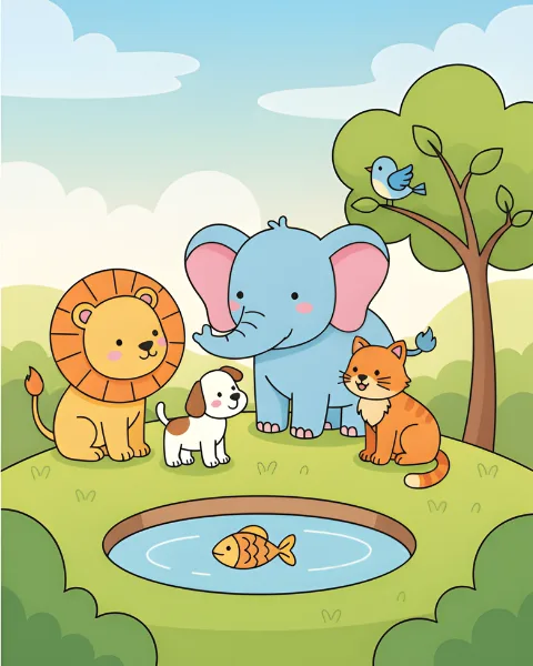 Animal Coloring Pages Free animal coloring pages featuring a friendly mix of jungle and farm animals in a clean vertical illustration for kids.