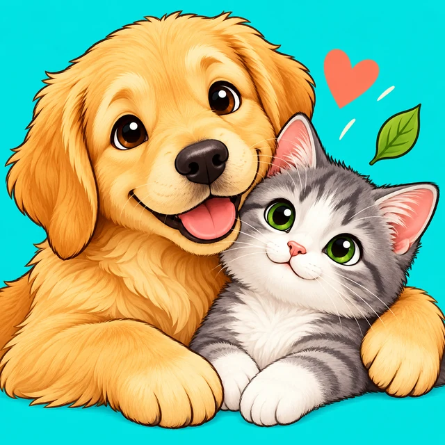 Golden retriever puppy cuddling a gray and white kitten