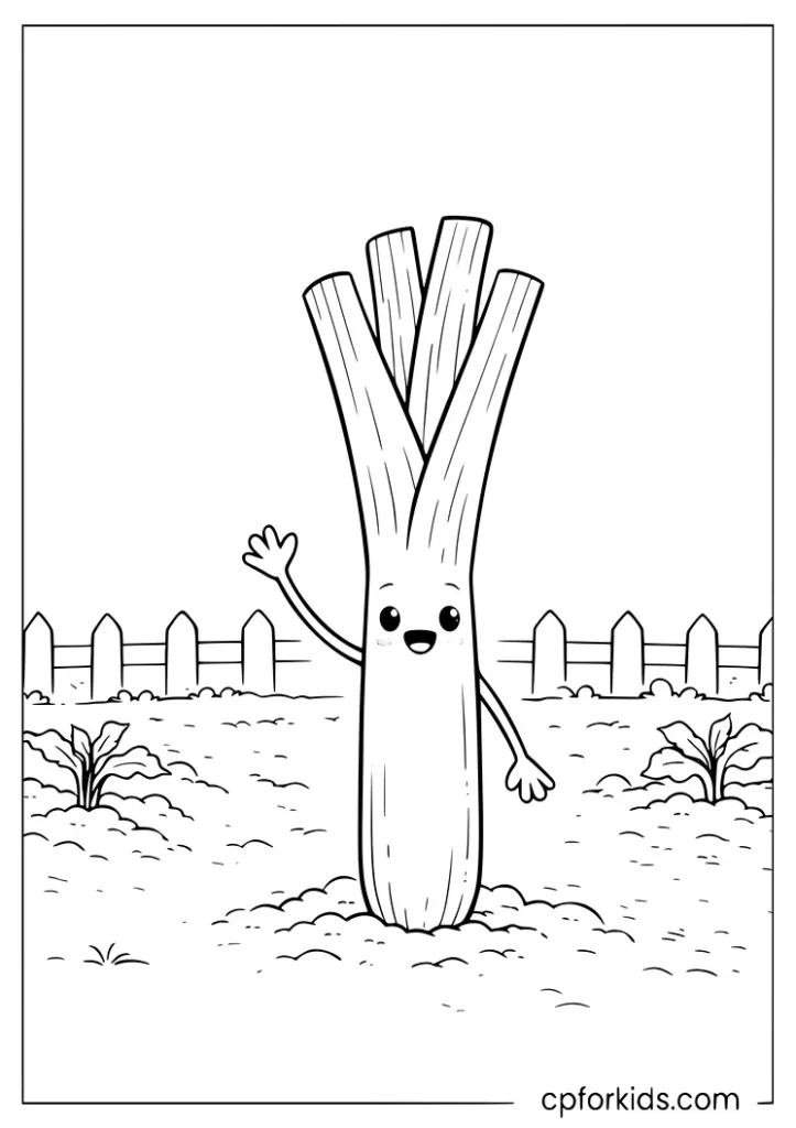 Animated leek vegetable waving from a vegetable garden coloring page for kids