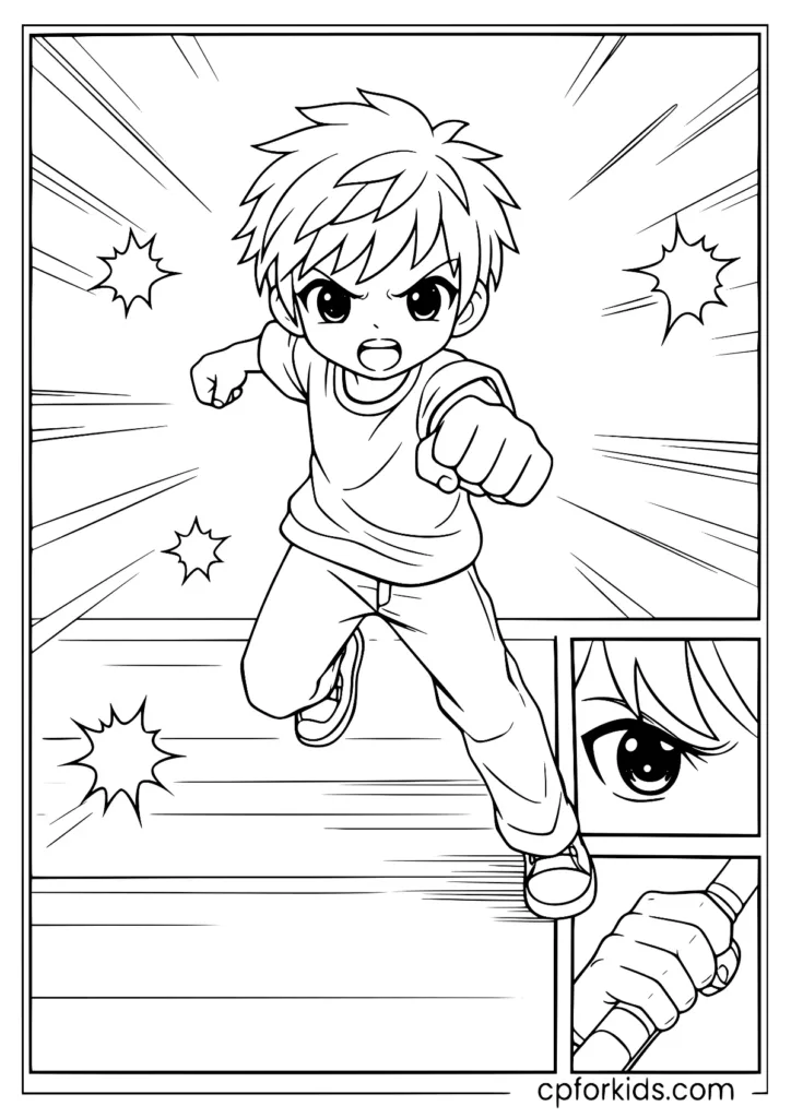 Anime boy action pose inside a simple manga panel line art