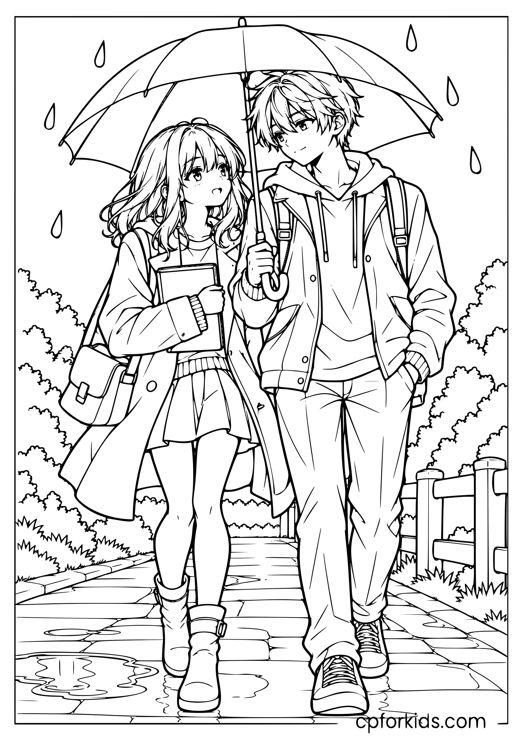 Anime girl and boy sharing one umbrella in rain