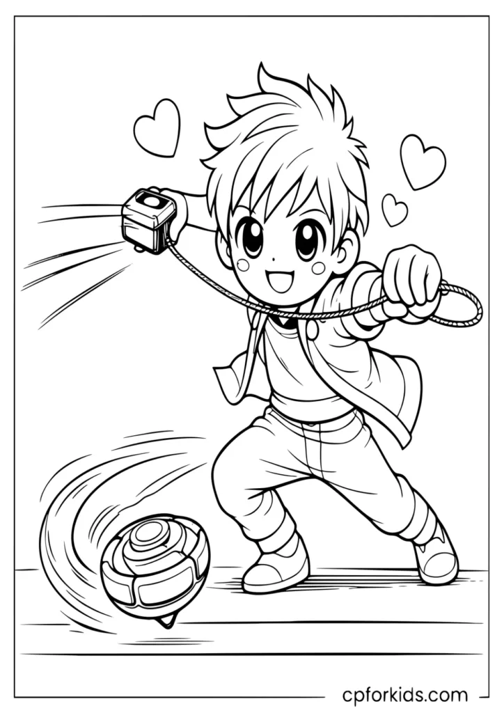Anime boy launching a high-tech spinning top coloring page