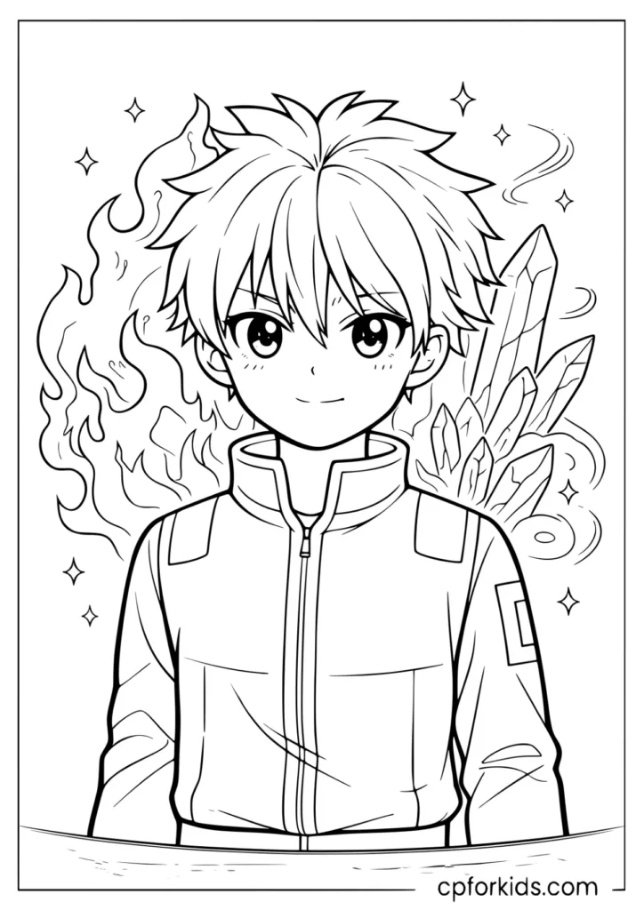 Anime boy with two-tone hair and elemental effects coloring sheet