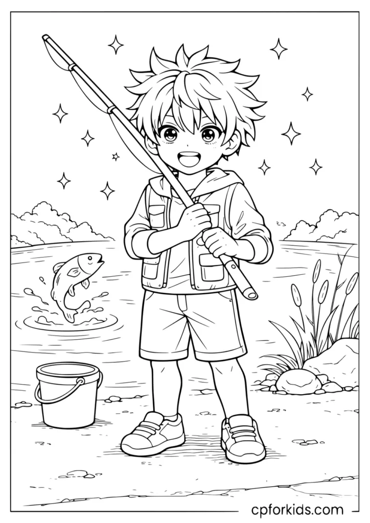 Anime boy holding a fishing rod coloring sheet