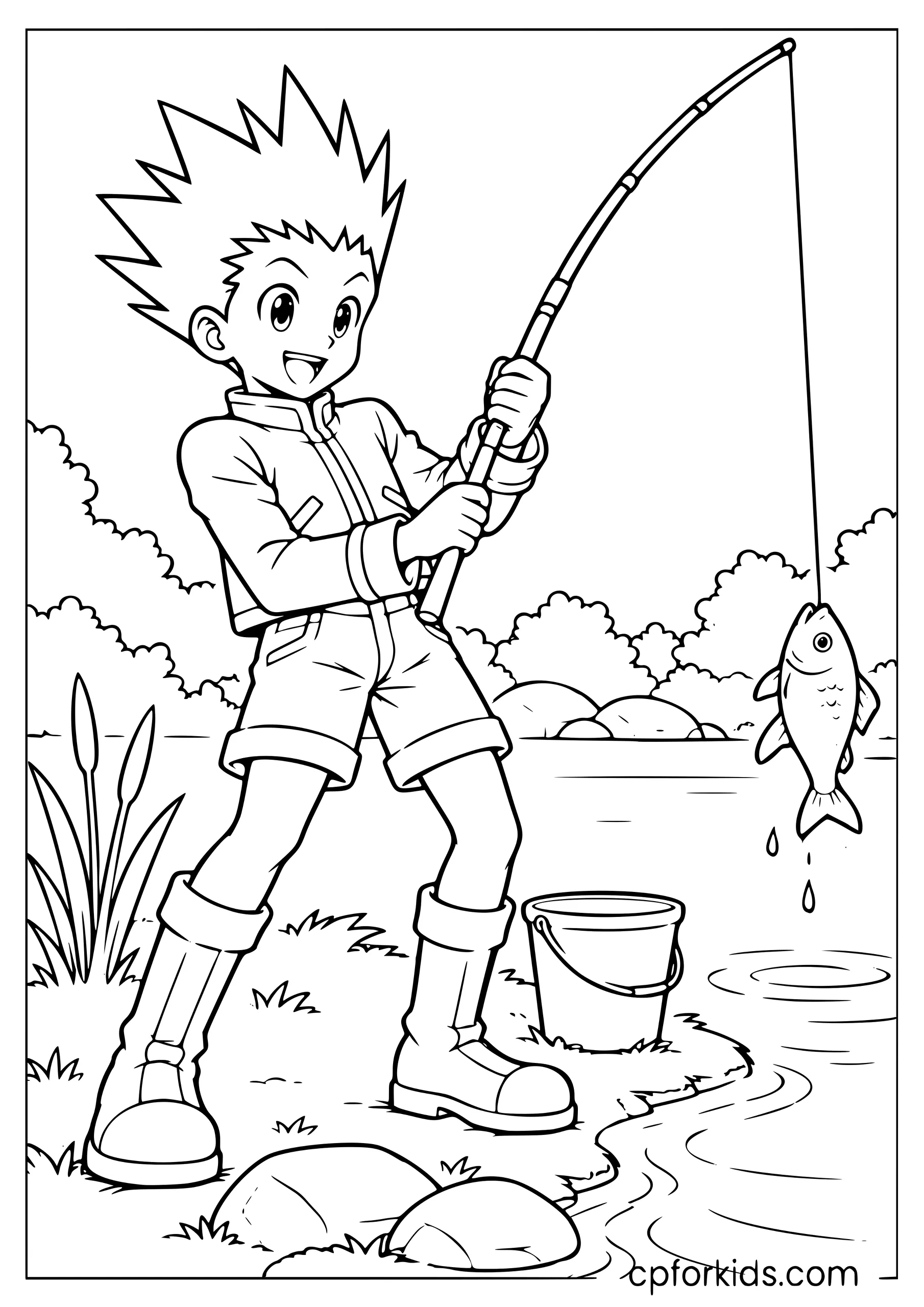 Gon Freecss lifting a fish beside a pond