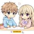 Free printable anime coloring pages PDF featuring two chibi kids coloring together at a desk with a cup of crayons and small hearts.