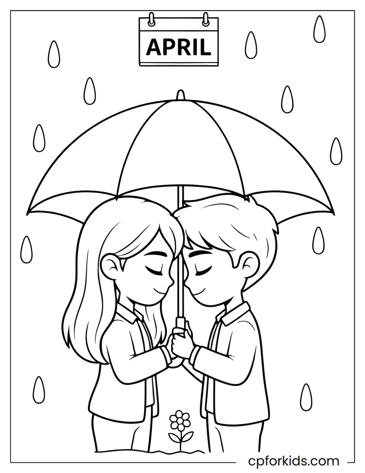 Two figures leaning foreheads together under an umbrella in the rain