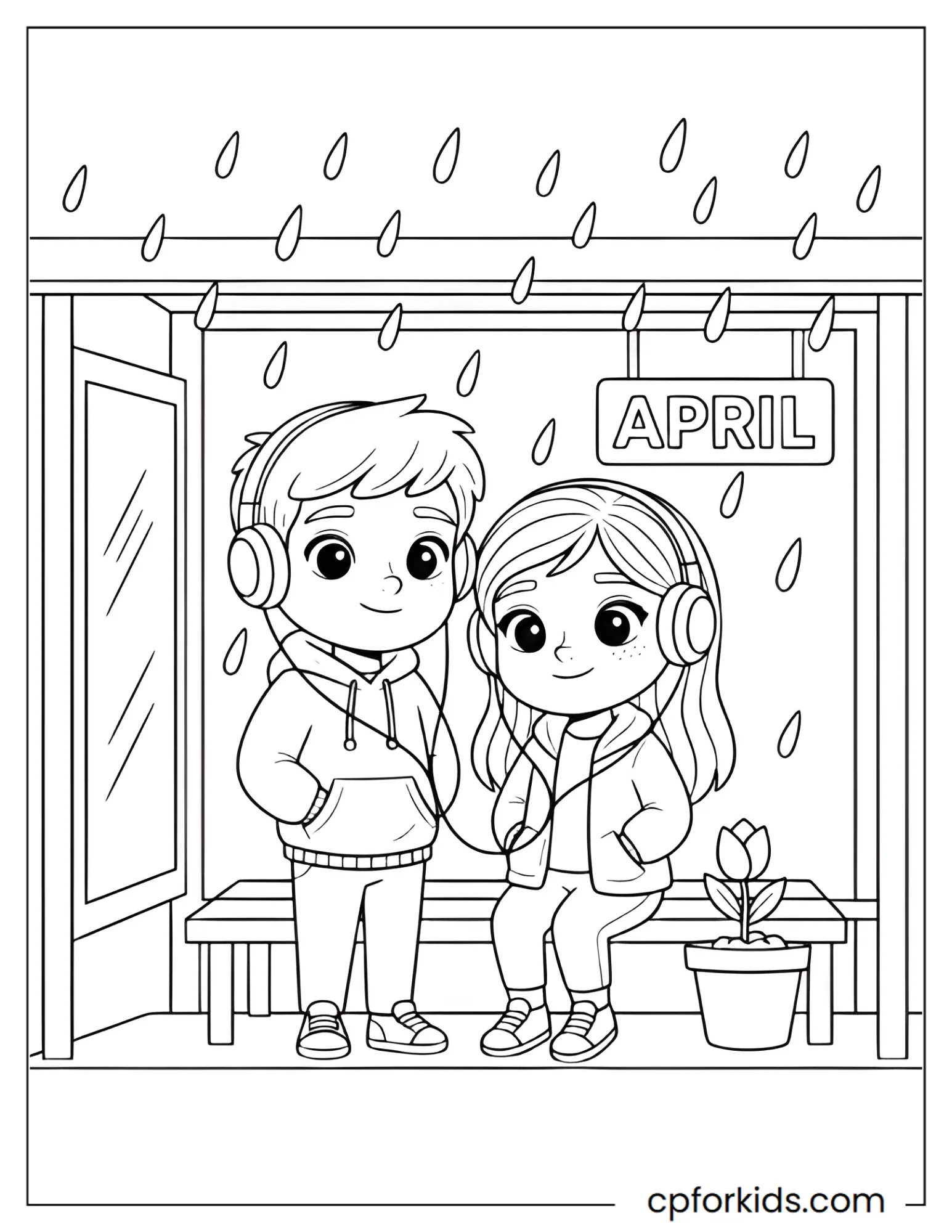 Two friends sharing a pair of headphones at a bus stop