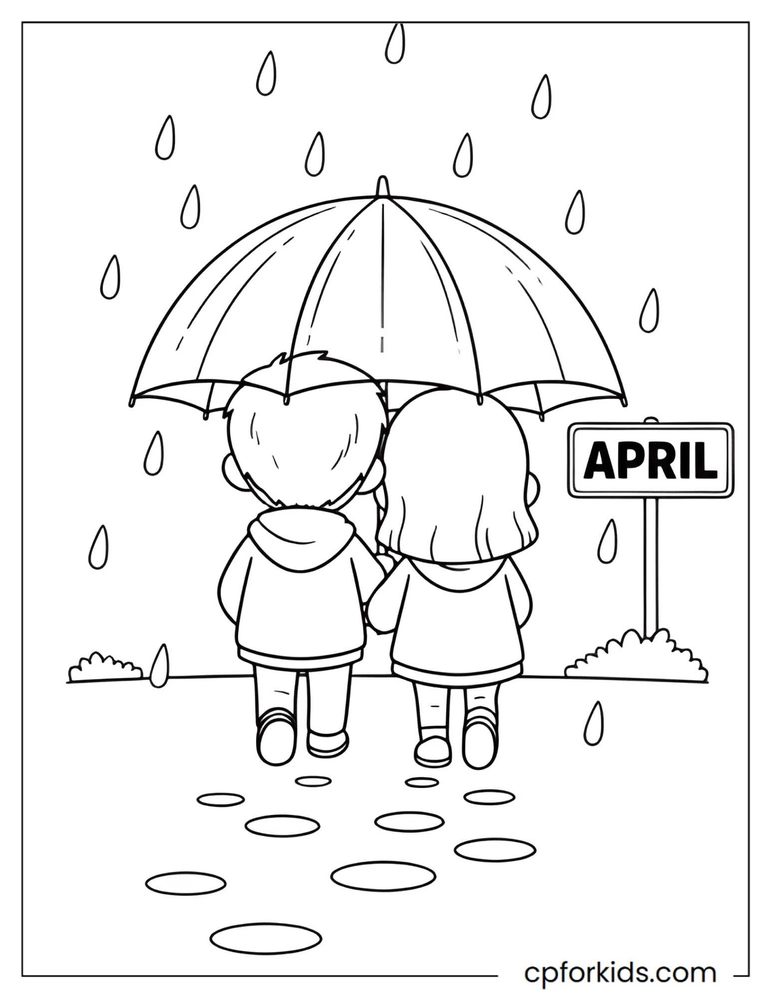 Two figures walking together under a clear umbrella, leaving wet footprints