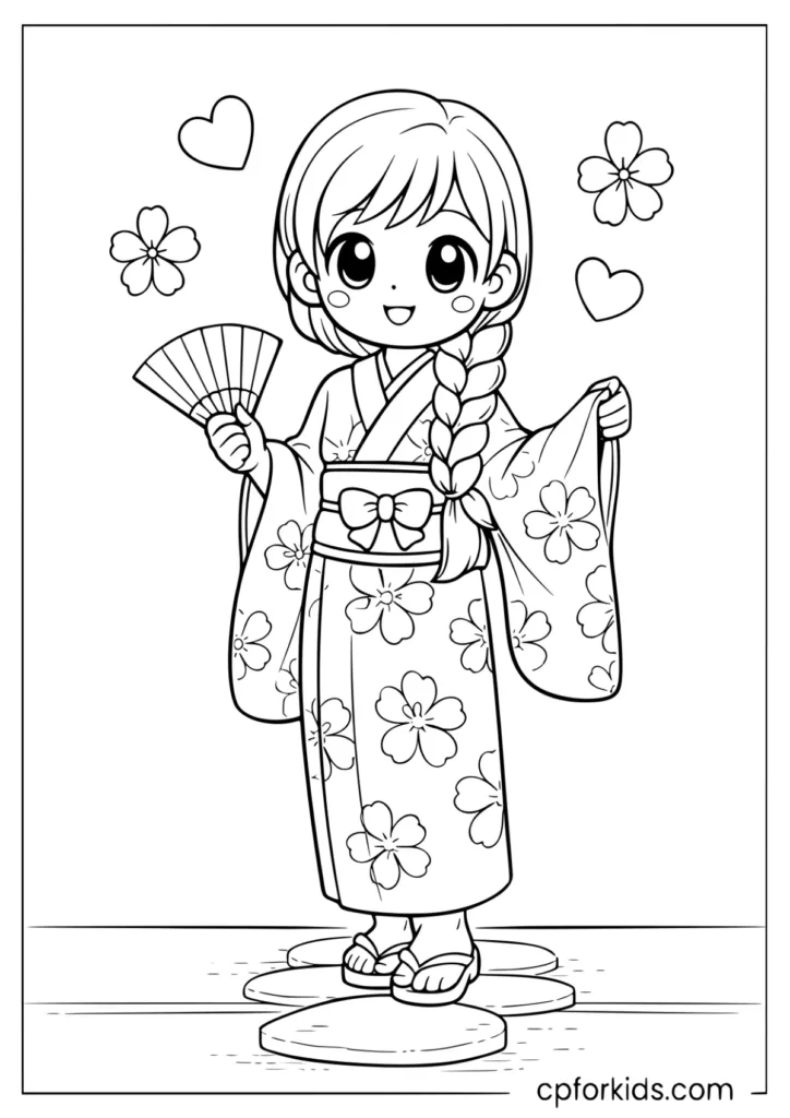 Anime girl with braided hair in traditional kimono coloring sheet