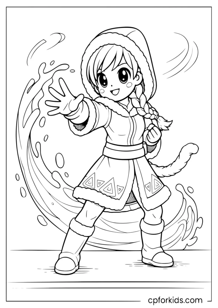 Anime girl controlling a water wave coloring page