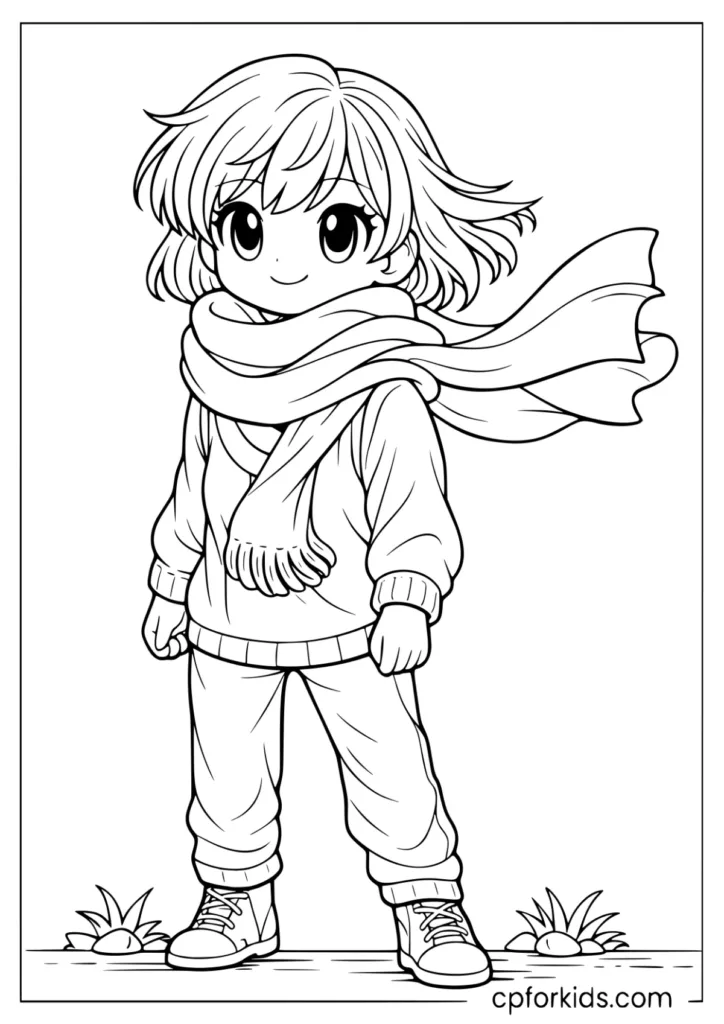 Cute anime girl wearing a large cozy scarf in the wind coloring page