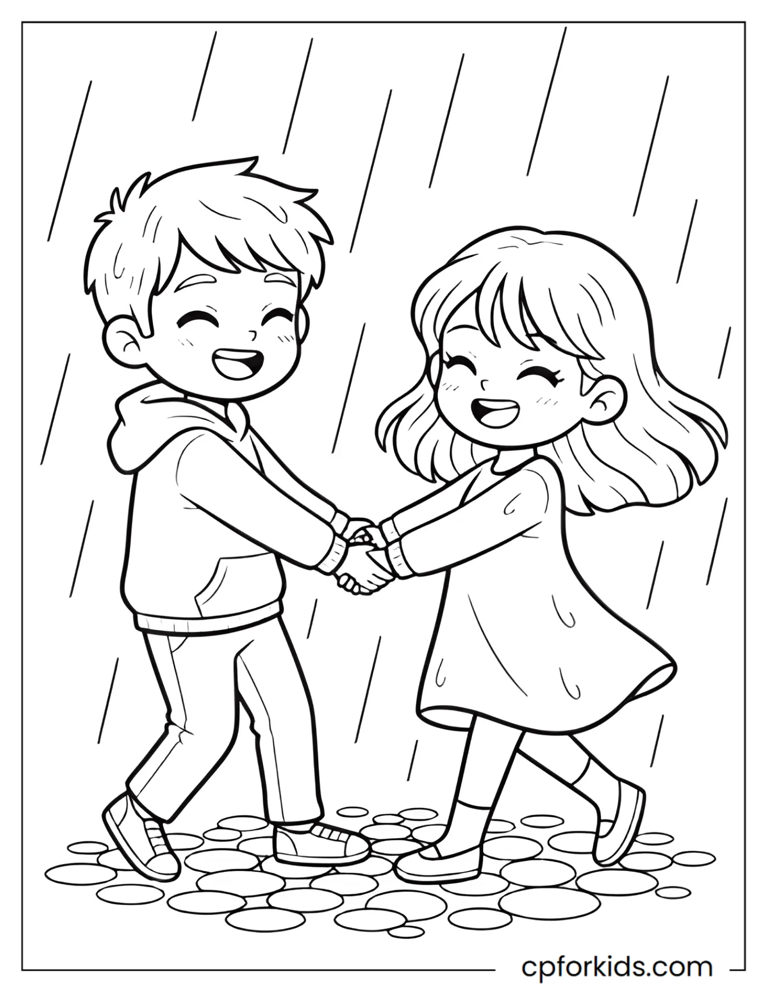 Two figures dancing together in the rain on a cobblestone street