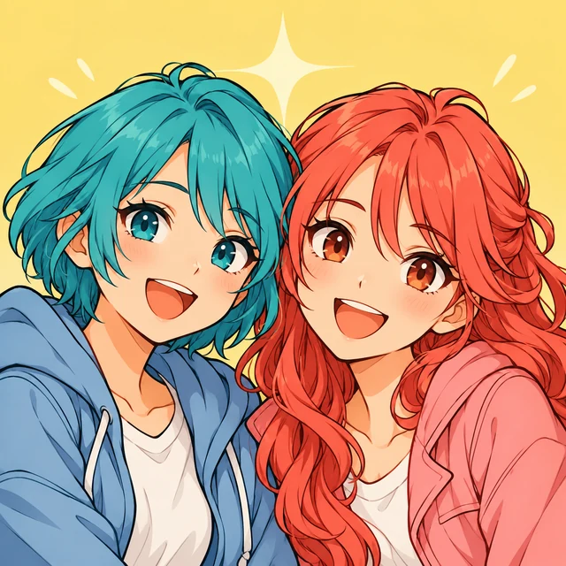 Two anime friends with teal and coral hair