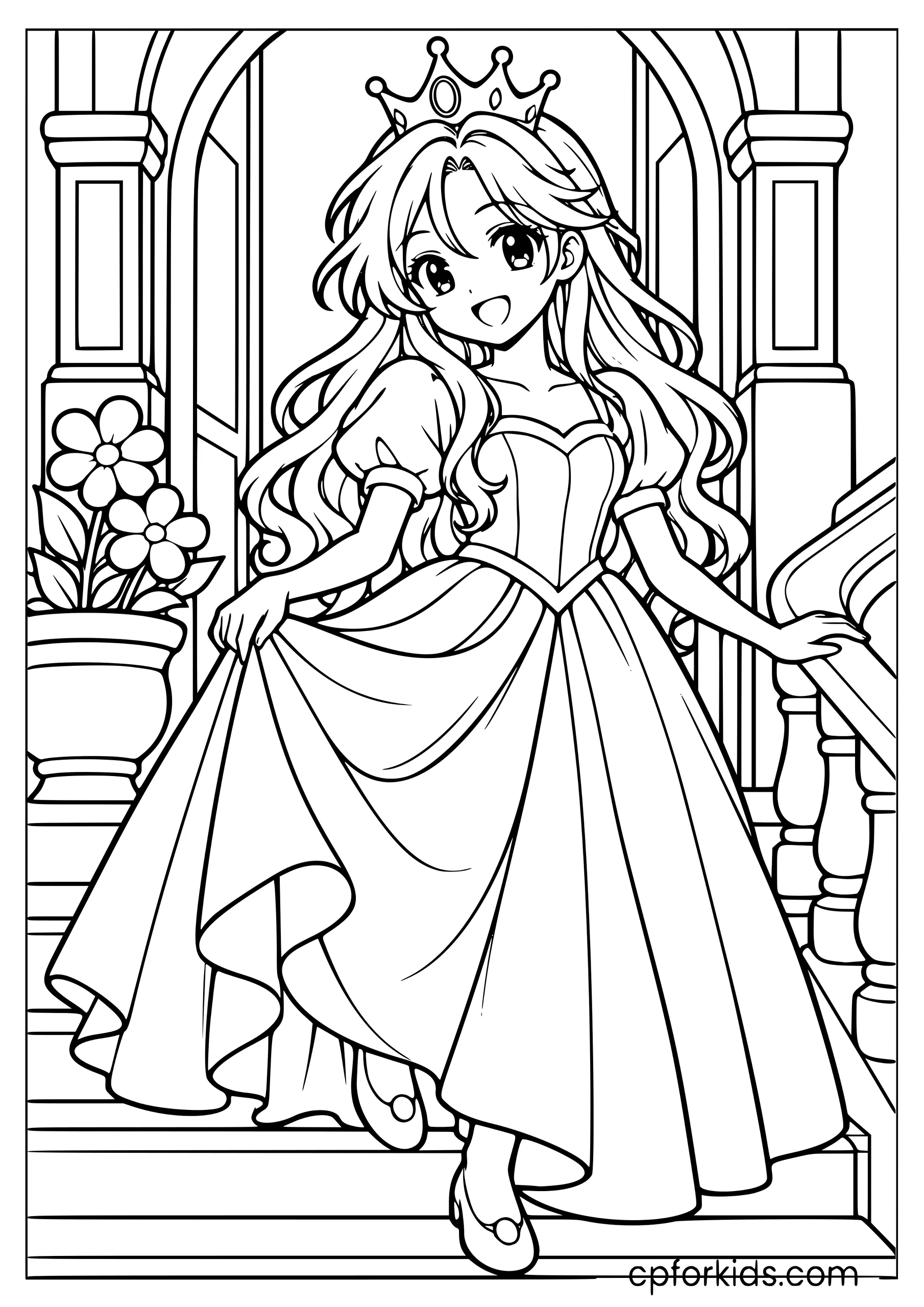 Crowned anime princess lifting her skirt on palace steps