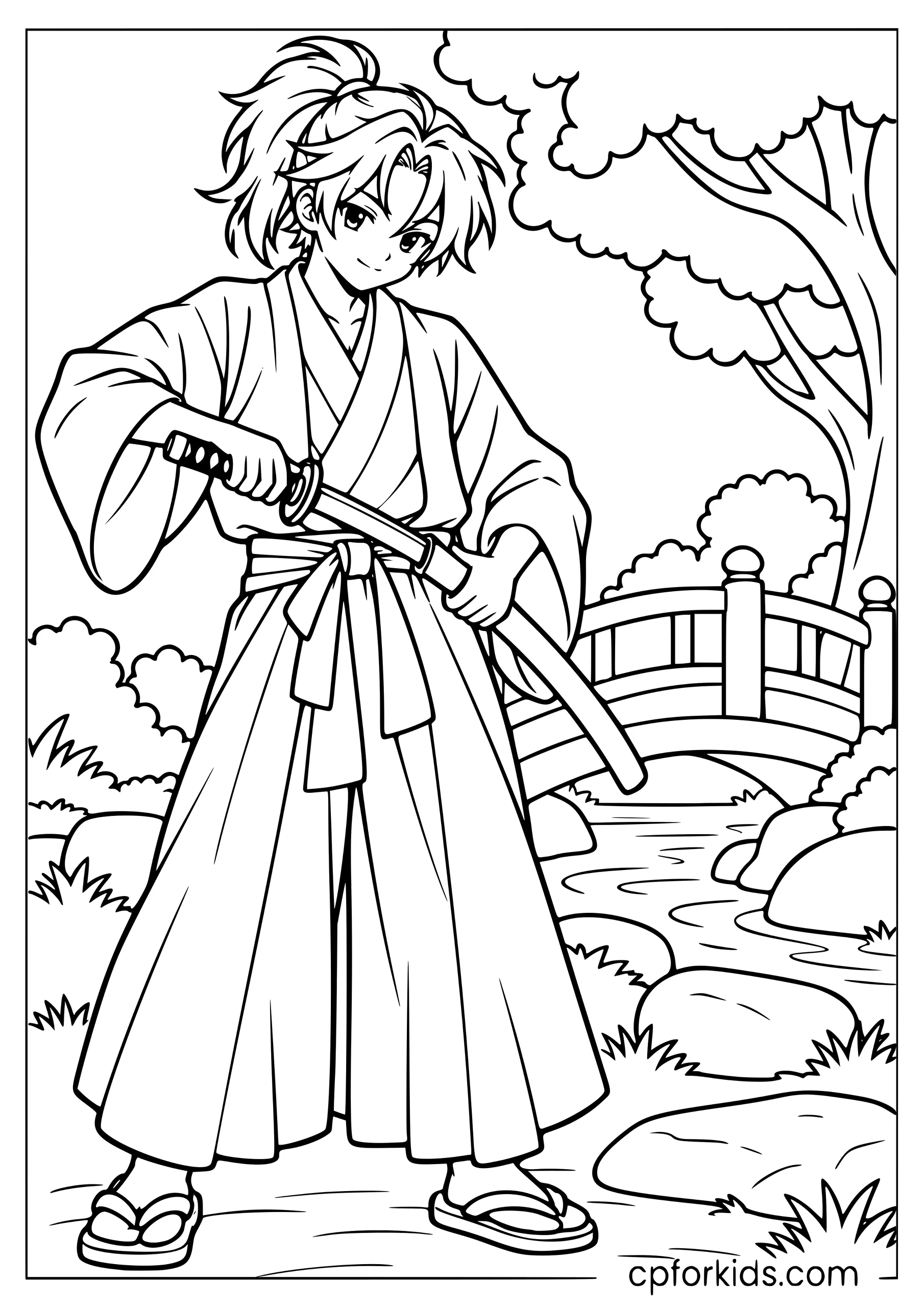 Anime samurai sheathing a katana beside a garden bridge