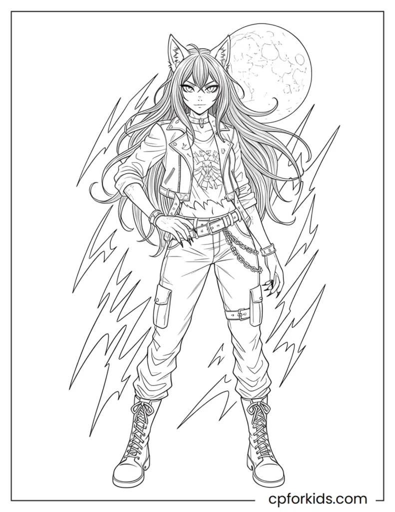 Stylish anime werewolf girl with long hair, detailed coloring page for teens and adults.