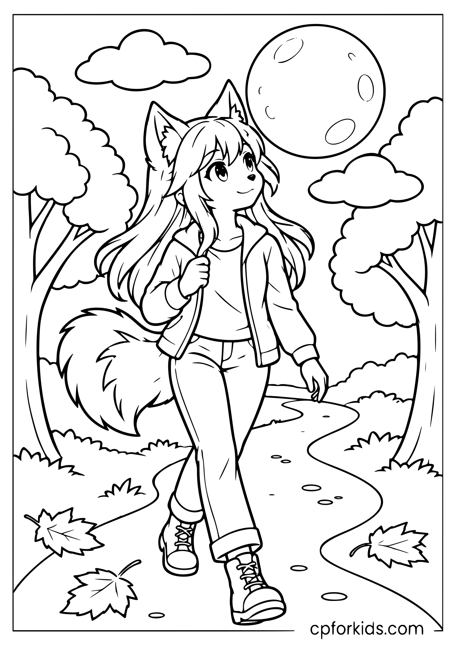 Anime werewolf girl walking past trees beneath the moon