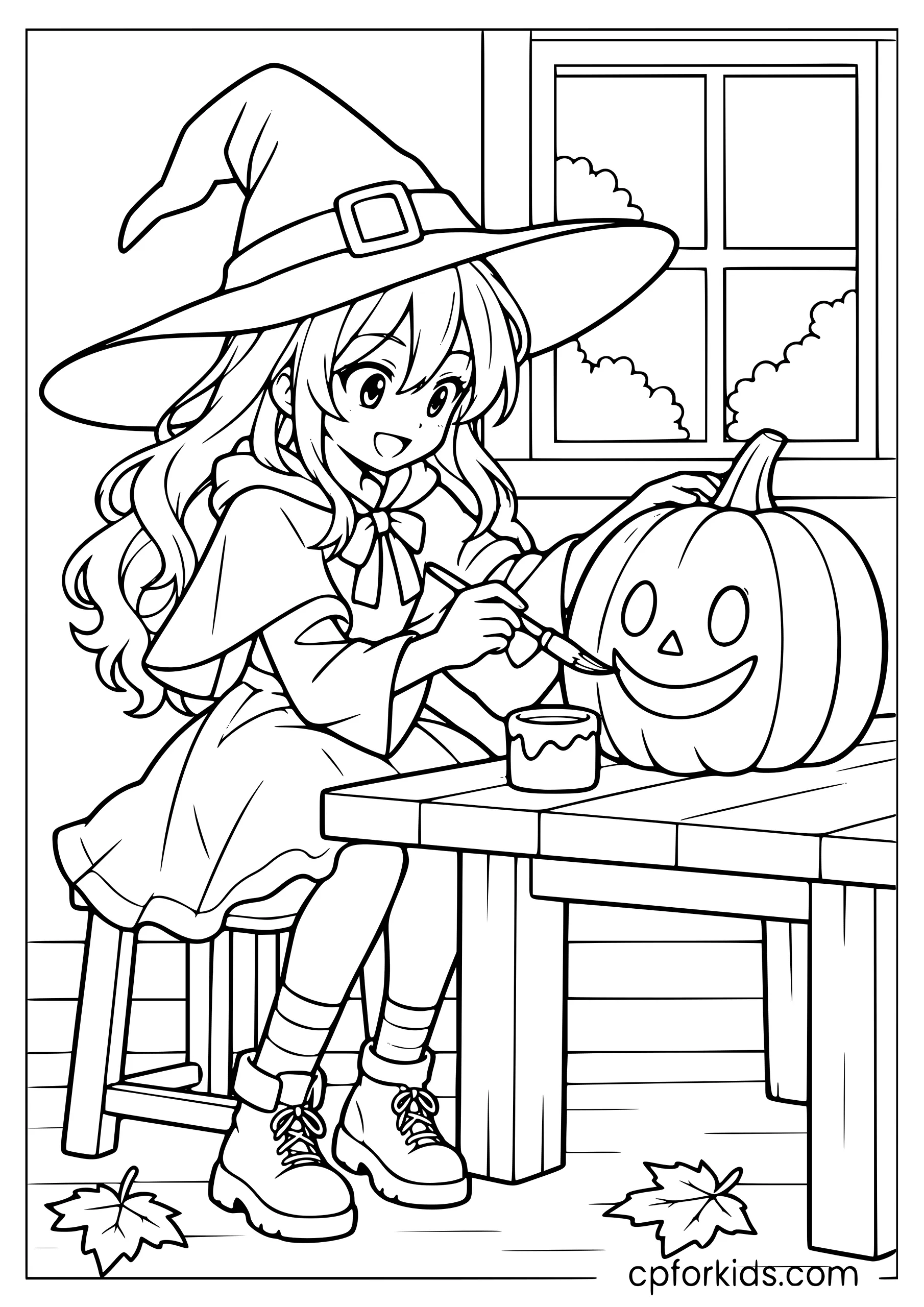 Anime witch painting a face on one pumpkin