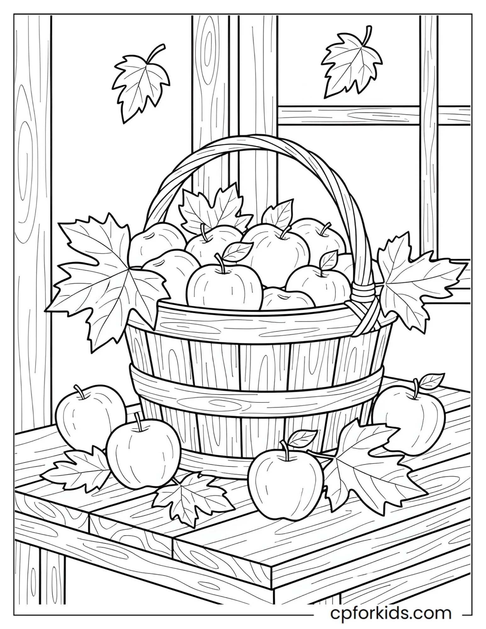 Basket of apples and autumn leaves on a table