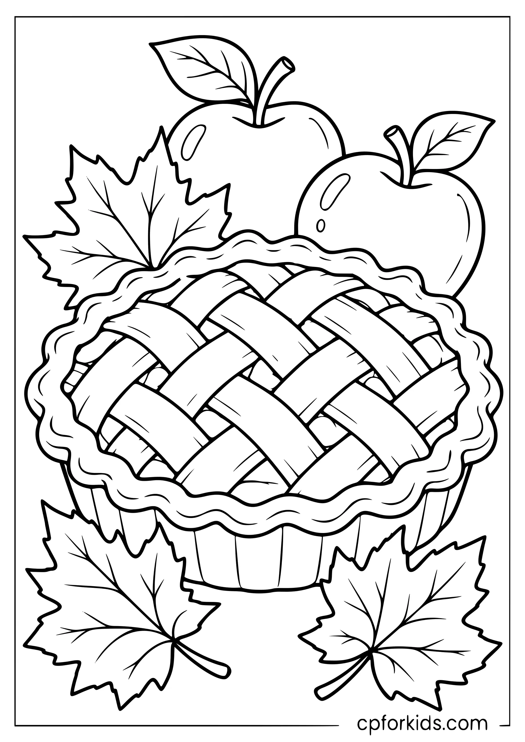 Apple pie with apples and broad autumn leaves