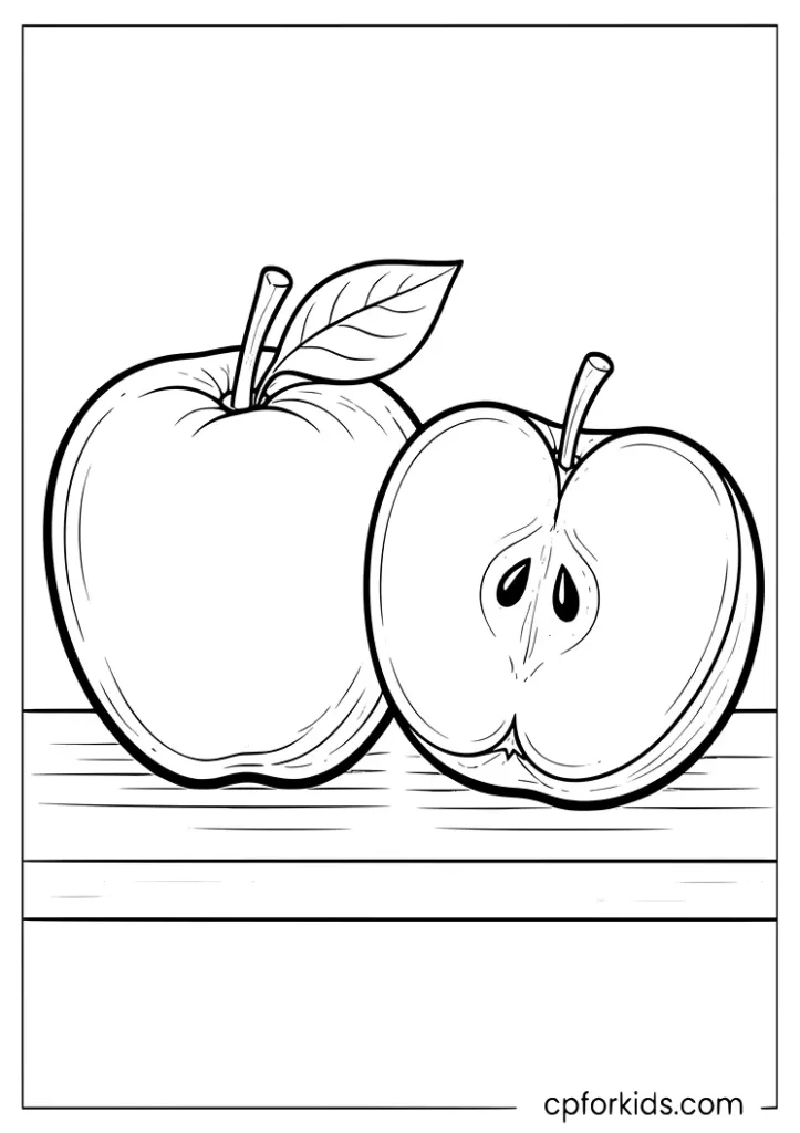 Apple whole and cut in half coloring page