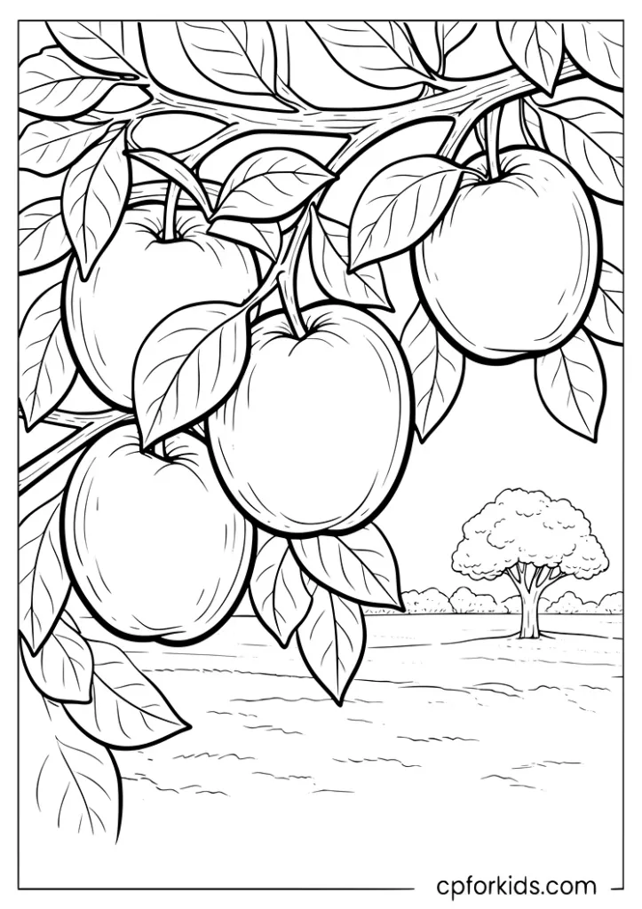 Apples hanging in an orchard coloring page
