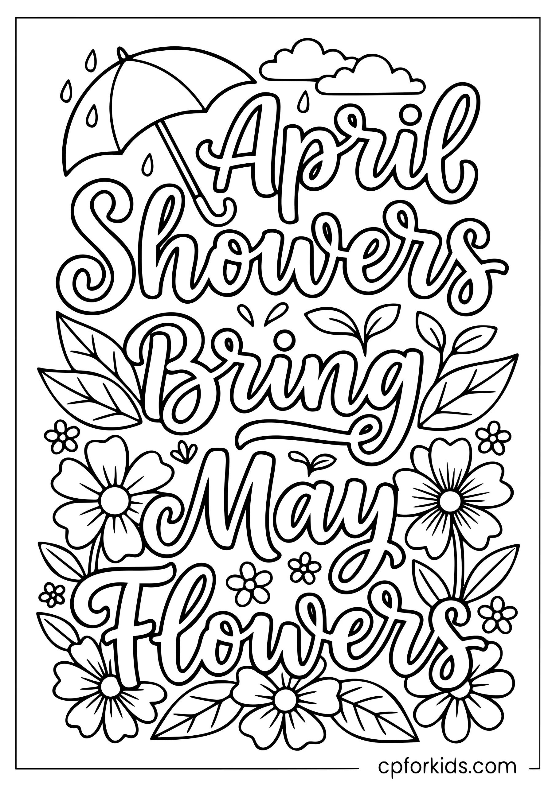 April Showers Bring May Flowers lettering coloring page with tulips