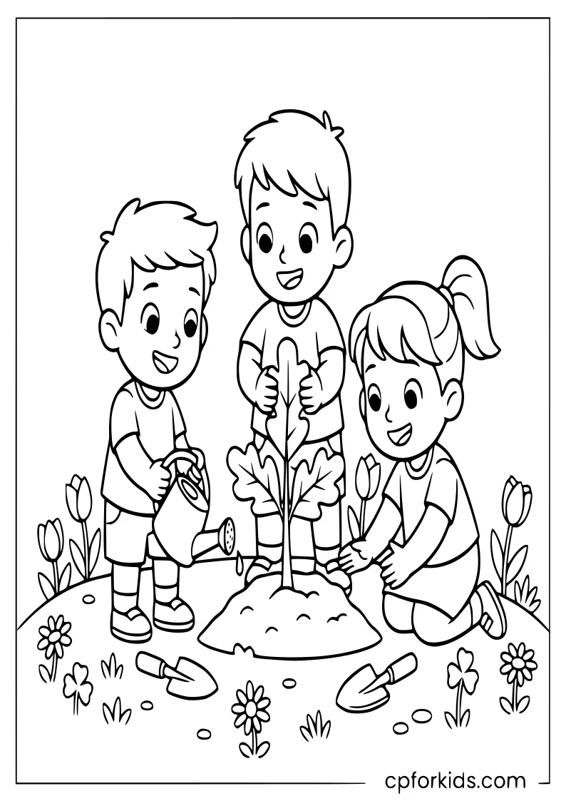 Three children planting an oak tree in a spring garden