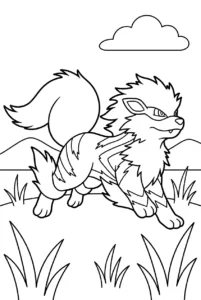 Arcanine racing across an open grassy plain with distant hills