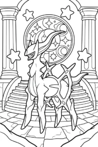 Arceus standing before stone columns and a celestial circle