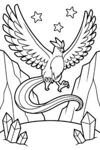 Articuno gliding between tall glaciers and large ice crystals