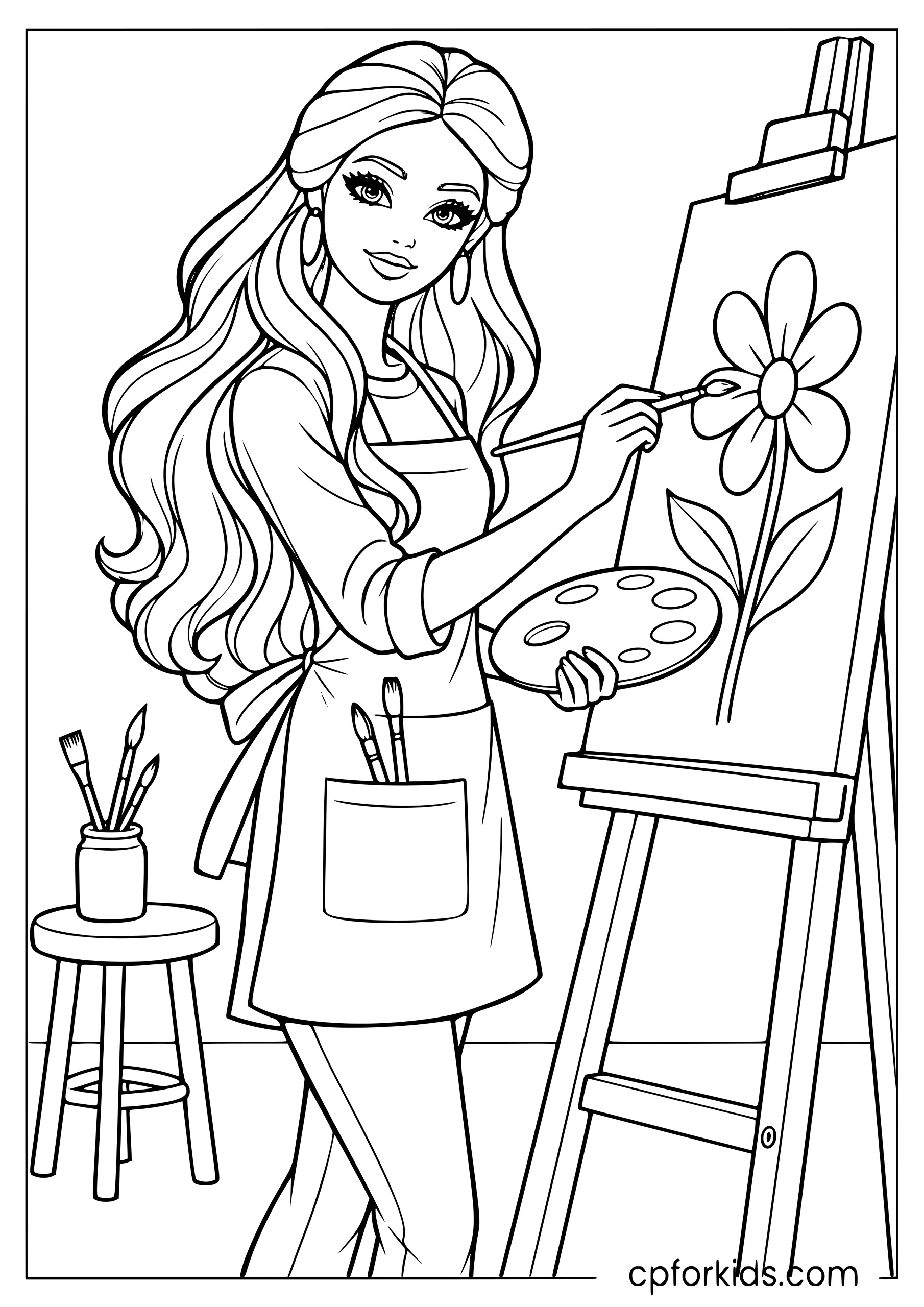 Barbie painting at an easel with a palette in hand