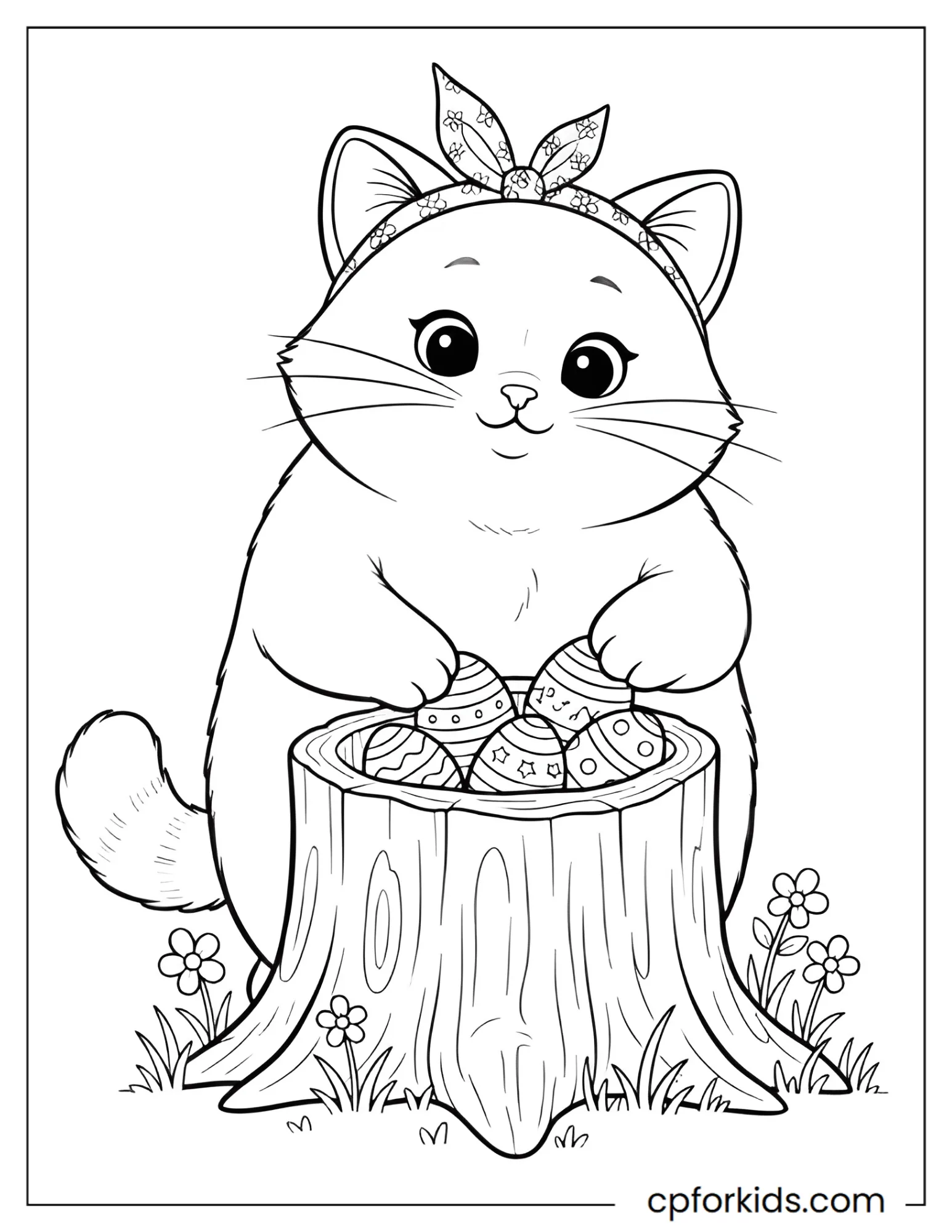 Cat sitting beside a basket overflowing with decorated Easter eggs