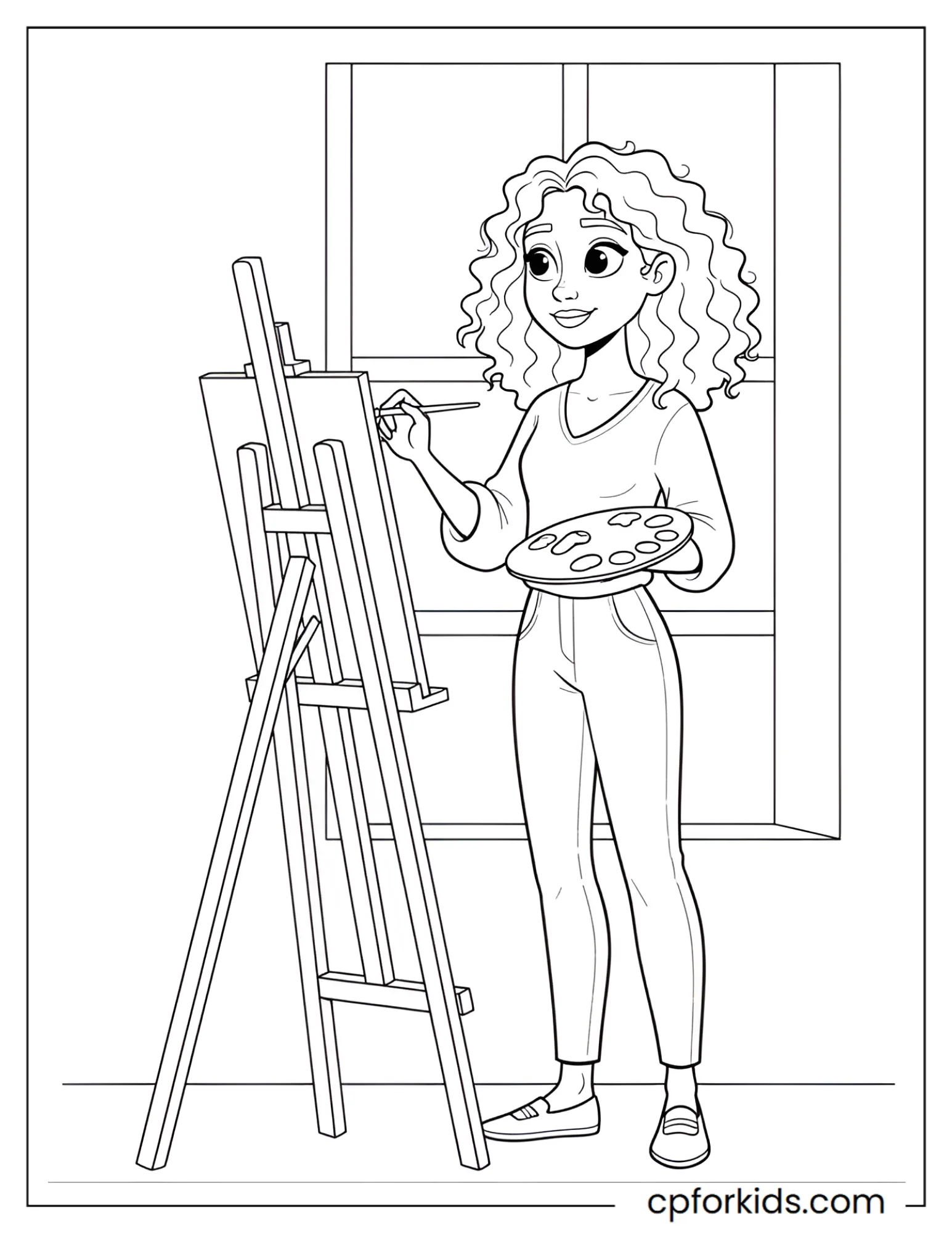 Curly hair princess painting at an easel beside a large window