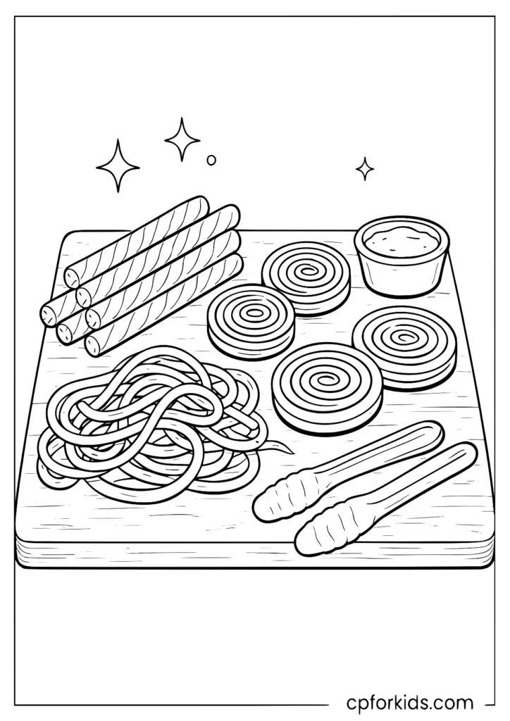 Different shapes of licorice candy treats on a page