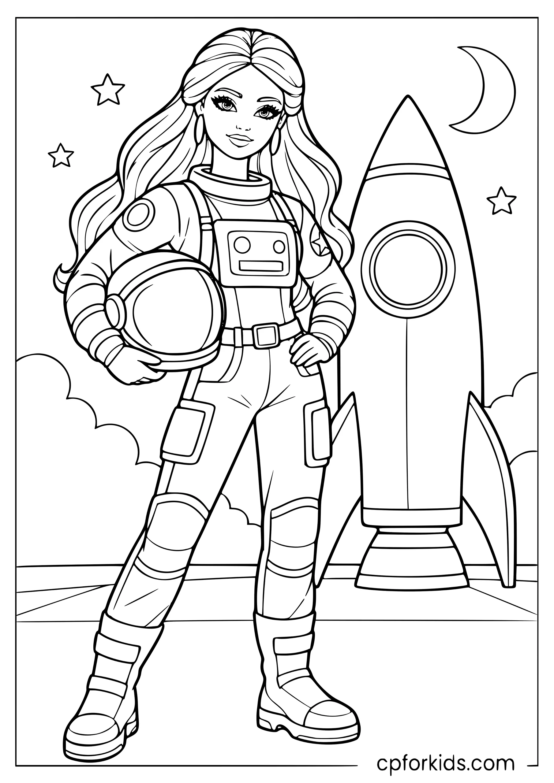 Barbie in an astronaut suit standing beside a rocket