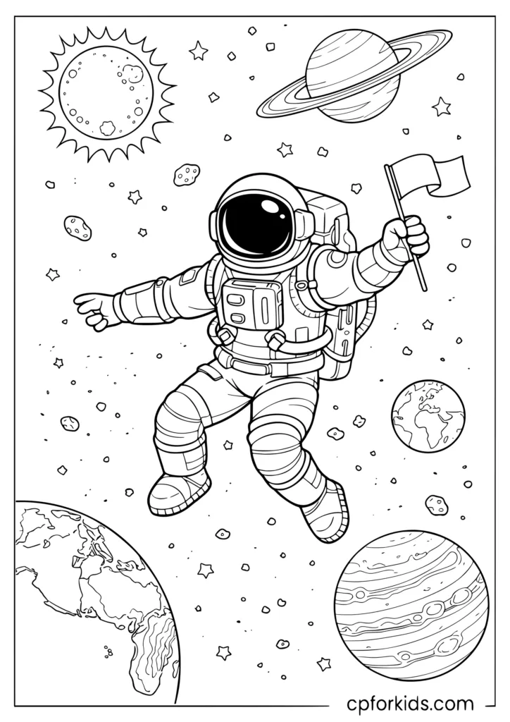 Astronaut floating in space with solar system planets coloring page for kids